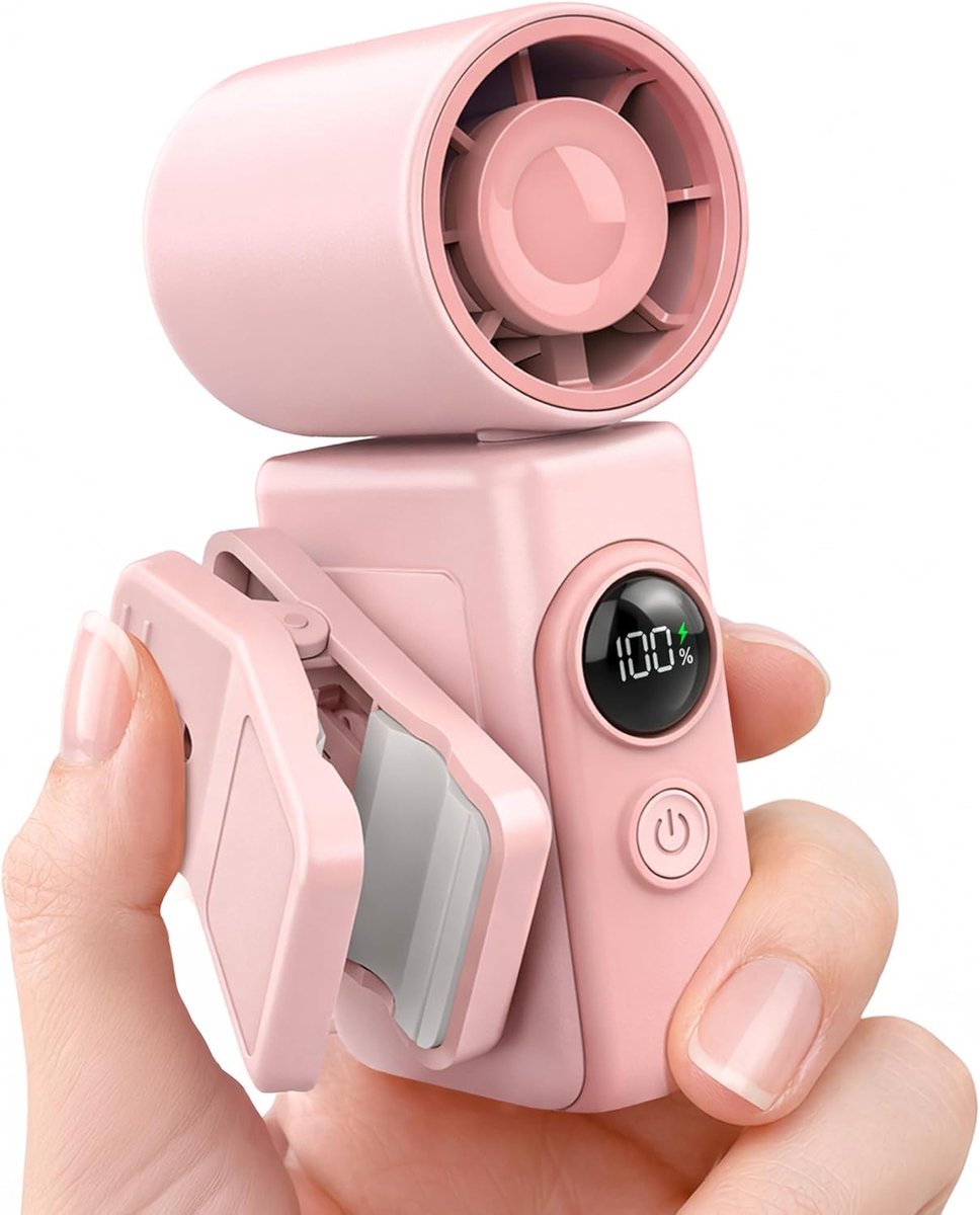 1 Mini Draagbare Clipventilator - 56×52×97,5 mm - Oplaadbare Miniventilator - Met LED-display - 360° Draaibare Afneembare Clip - Geschikt voor Rugzakken, Reizen, Kantoor, Kamperen, Strand - Roze