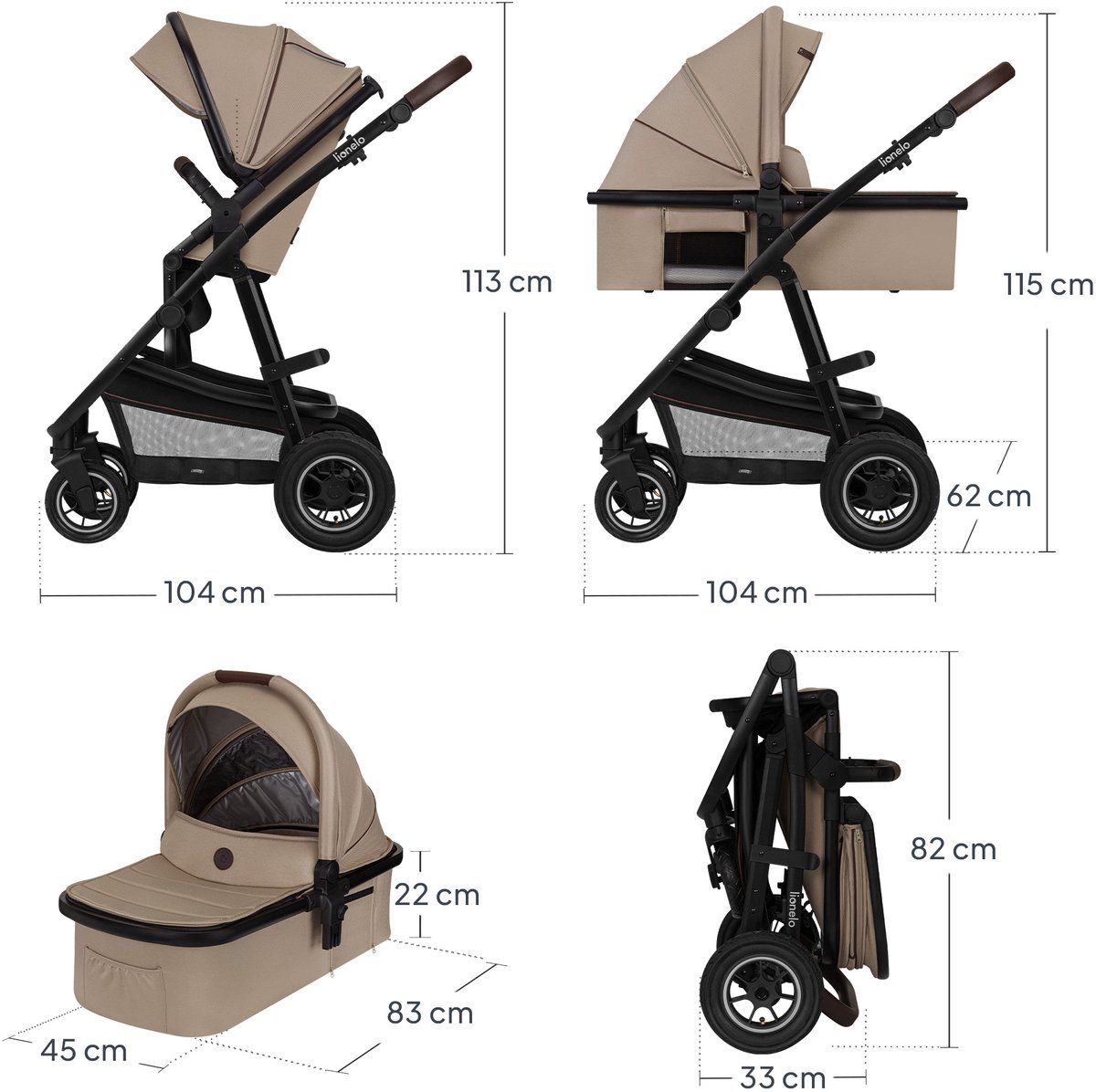 Lionelo Amber Kinderwagen 3 in 1 - Reiswieg + Buggy + Autostoel - Luchtbanden, Volledige Vering - Comfortabel baby matras - Snel Inklapbaar - Luiertas - Regenhoes - Muskietennet - Vanaf Geboorte tot 4 jaar (0-22 kg) – foto 8