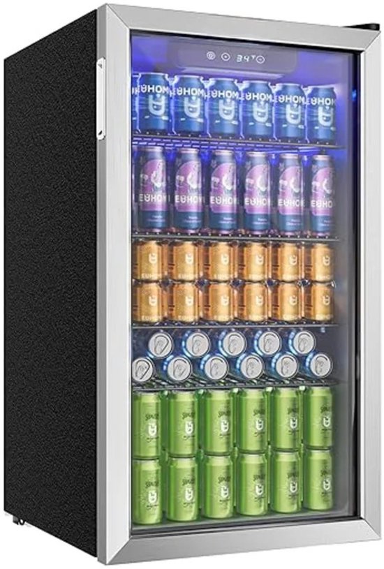Flolife - Bierkoelkast met Glazen Deur en Zilver RVS Afwerking – Capaciteit 126 Blikjes – Verstelbare Planken voor Bier, Wijn en Dranken – Ideaal voor Thuis, Bar of Kantoor