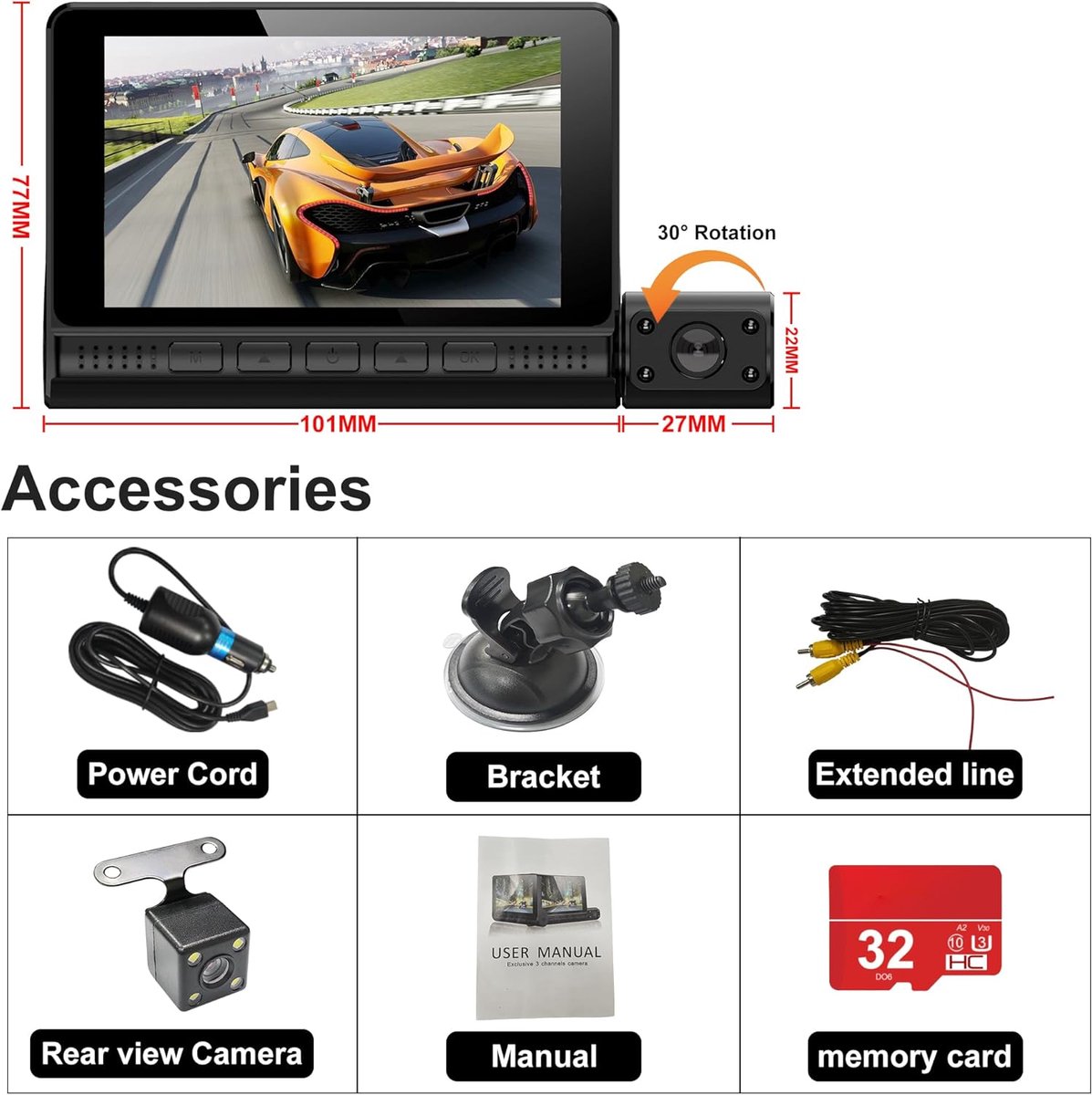 Auto Camera Set - Dashcam Recorder - Veilig Rijden - 3 Kanalen Opname - 4 Inch Display - Zwart – foto 2