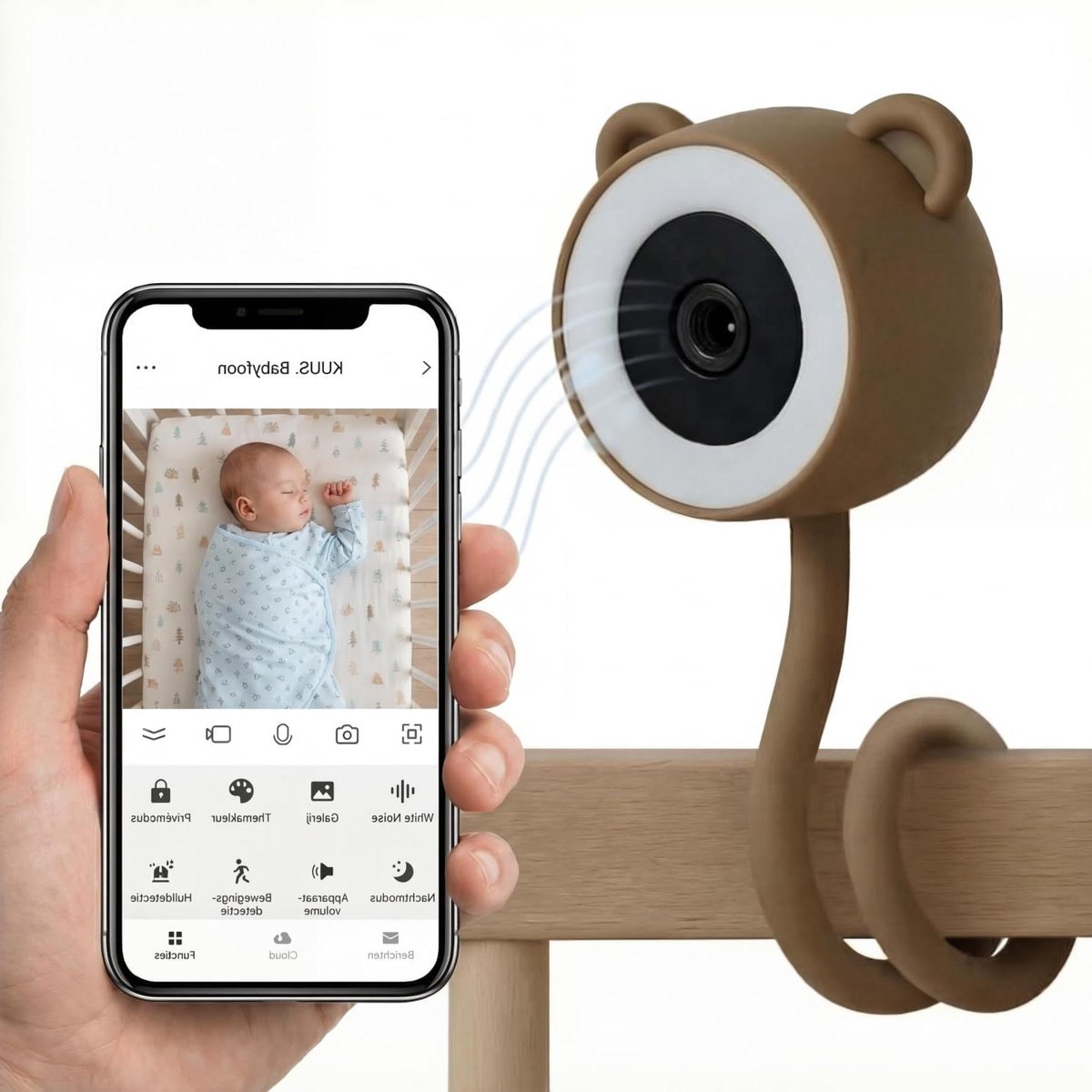 Babyfoon met Camera - Video Monitor - Baby Bewaken - Wieg Herkenning - 140 Graden Kijkhoek - Bruin