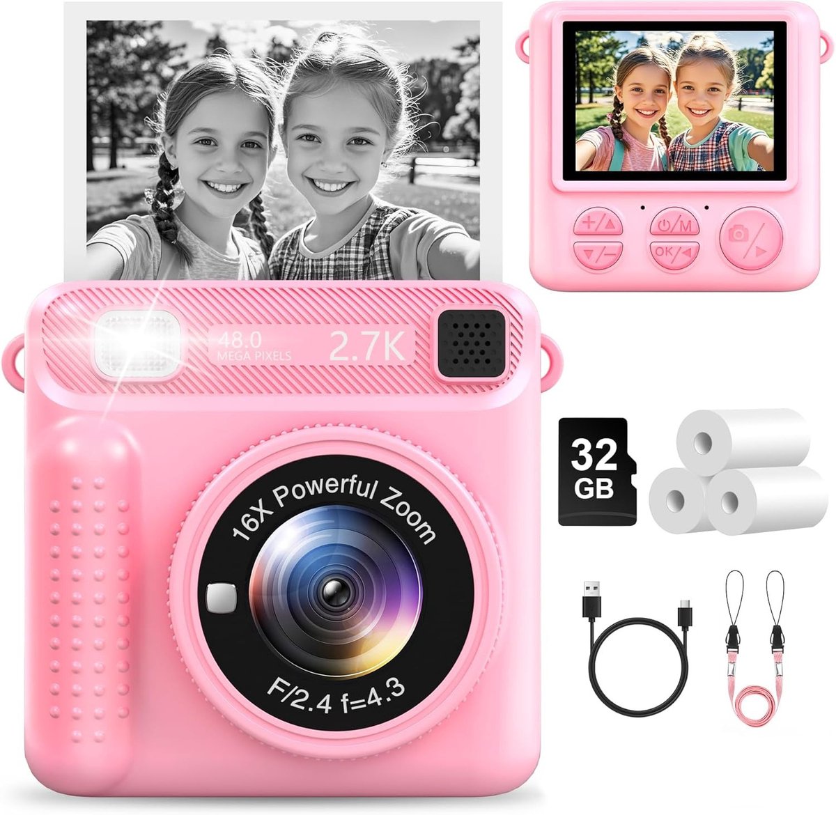 Instant Print-camera voor kinderen — 48 MP-camera met printfunctie — 1080p HD-video & 2,4-inch scherm — Inclusief 32 GB-geheugenkaart & 3 rollen printpapier — Roze