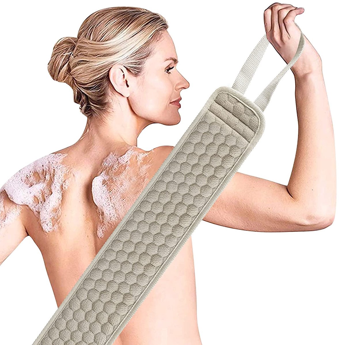 Rug Spons Scrubber van Loofah - Exfoliërende Douchehanddoek -Scrubborstel Doucheborstel - Badborstel Massageborstel - Scrub Massage Douche & Bad Lichaam Borstel - Wit - 80cm