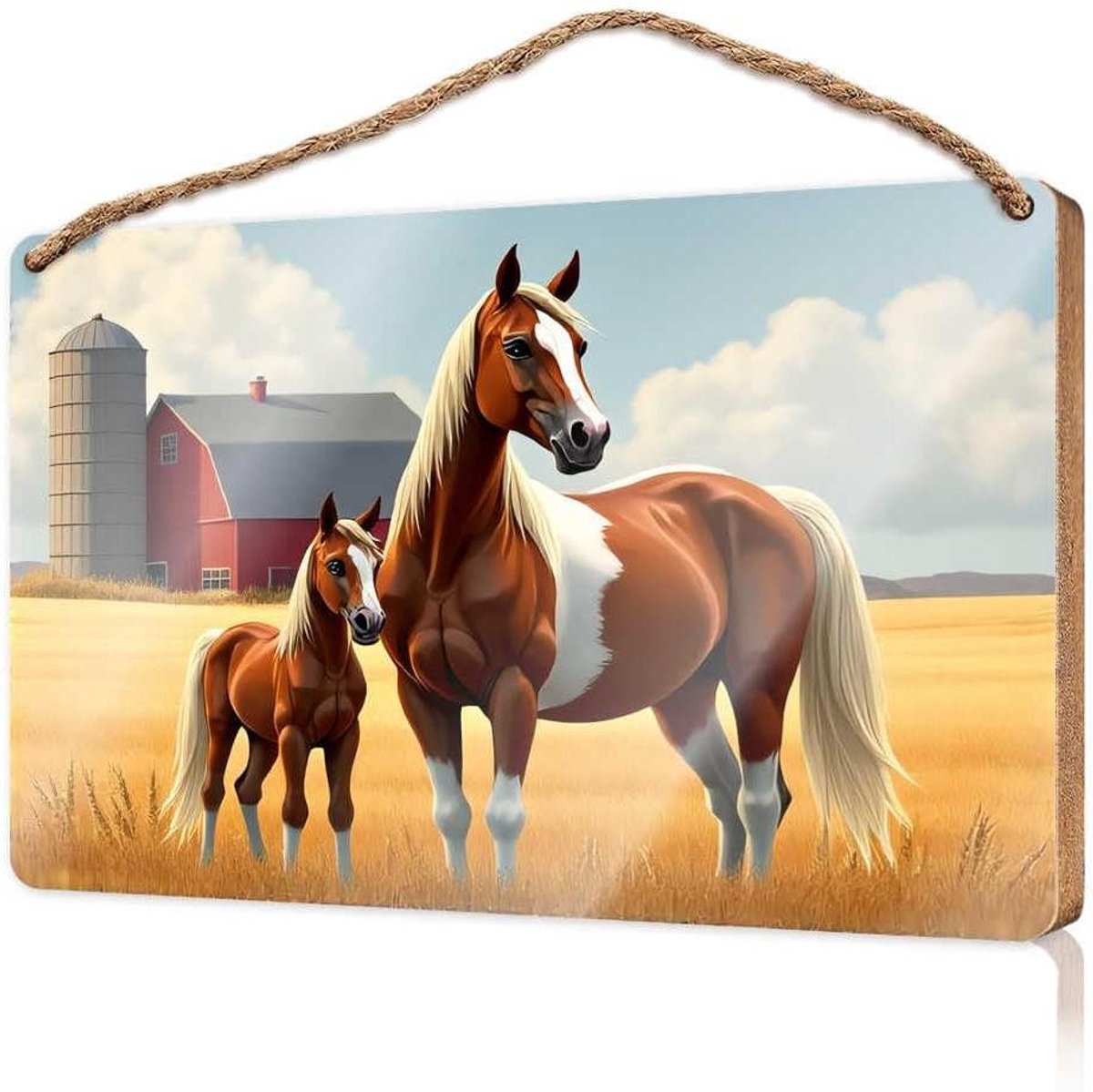 Plaquette voor voordeur twee paarden in een gouden veld houten bord buiten borden voor veranda opknoping decor hout (20 x 30 cm)