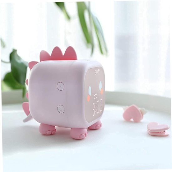 Kinderwekker Dinosaurus - Digitale Klok - Ondersteuning Slaap - Met Nachtlampje - USB Oplaadbaar - Roze — afbeelding 4