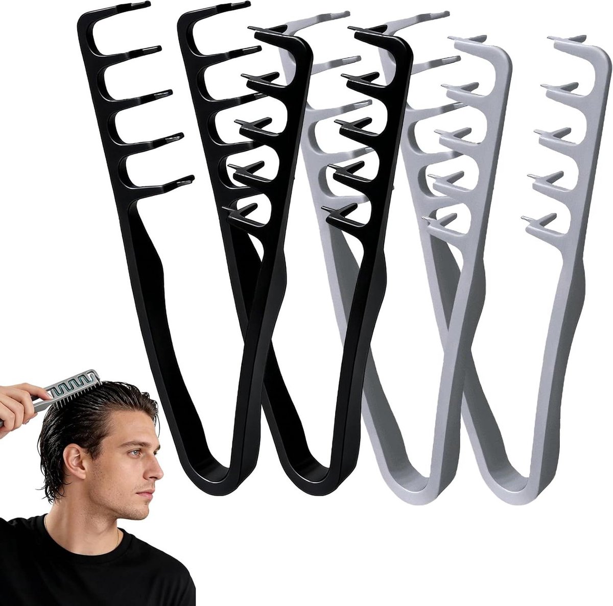 Textuur Kam - Stijl Kam - Haar Volume - Brede Tanden - 4 Stuks - Grijs Zwart