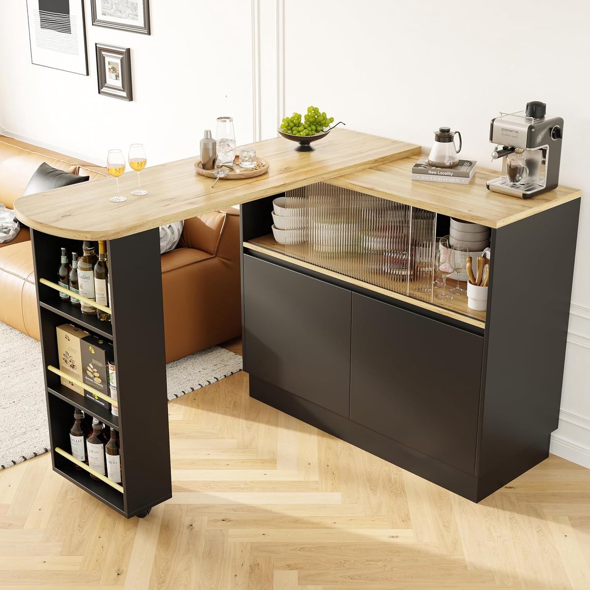Aurora Luxe Opklapbare en 360° Draaibare Bartafel met Opbergruimte – 90 x 45 x 100 cm – Multifunctioneel Keukeneiland met Glazen Schuifdeur en Uitschuifbare Werkruimte – Modern Zwart