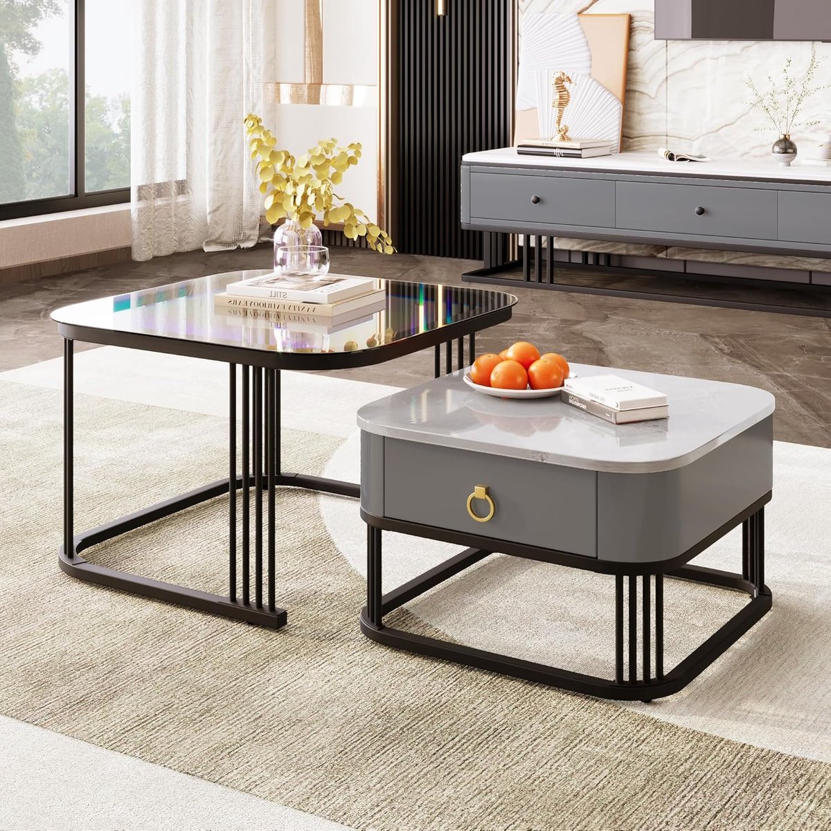 Salontafel Set van 2 Rond 70/50 x 35/45,5 cm – Moderne Nesttafels met Artistiek Tafelblad – Woonkamertafel & Bijzettafel – Luxe Design Coffee Tables voor Woonkamer, Balkon, Slaapkamer en Lounge – Mobili Bella