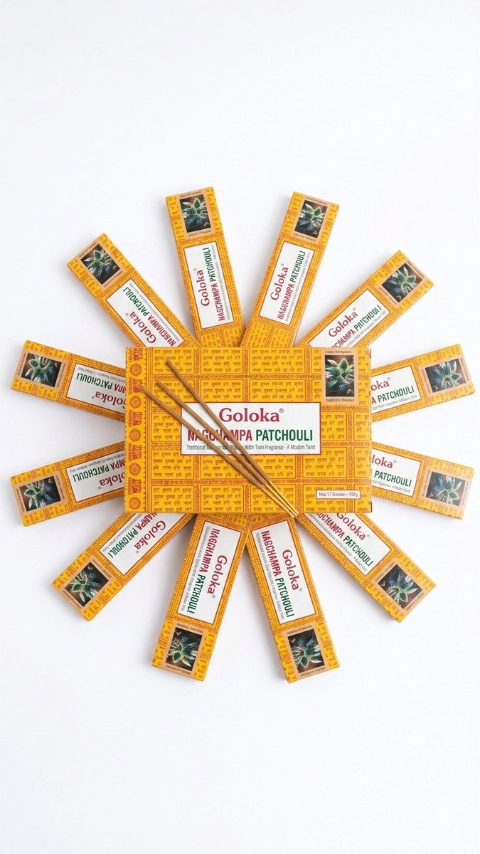Goloka Nagchampa Patchouli Wierookstokjes – Twin Fragrance Series – Traditionele Handgerolde Masala Wierook – 12 Doosjes x 15g (180g) – Voor Meditatie, Ontspanning & Yoga Met Kajal Sticker