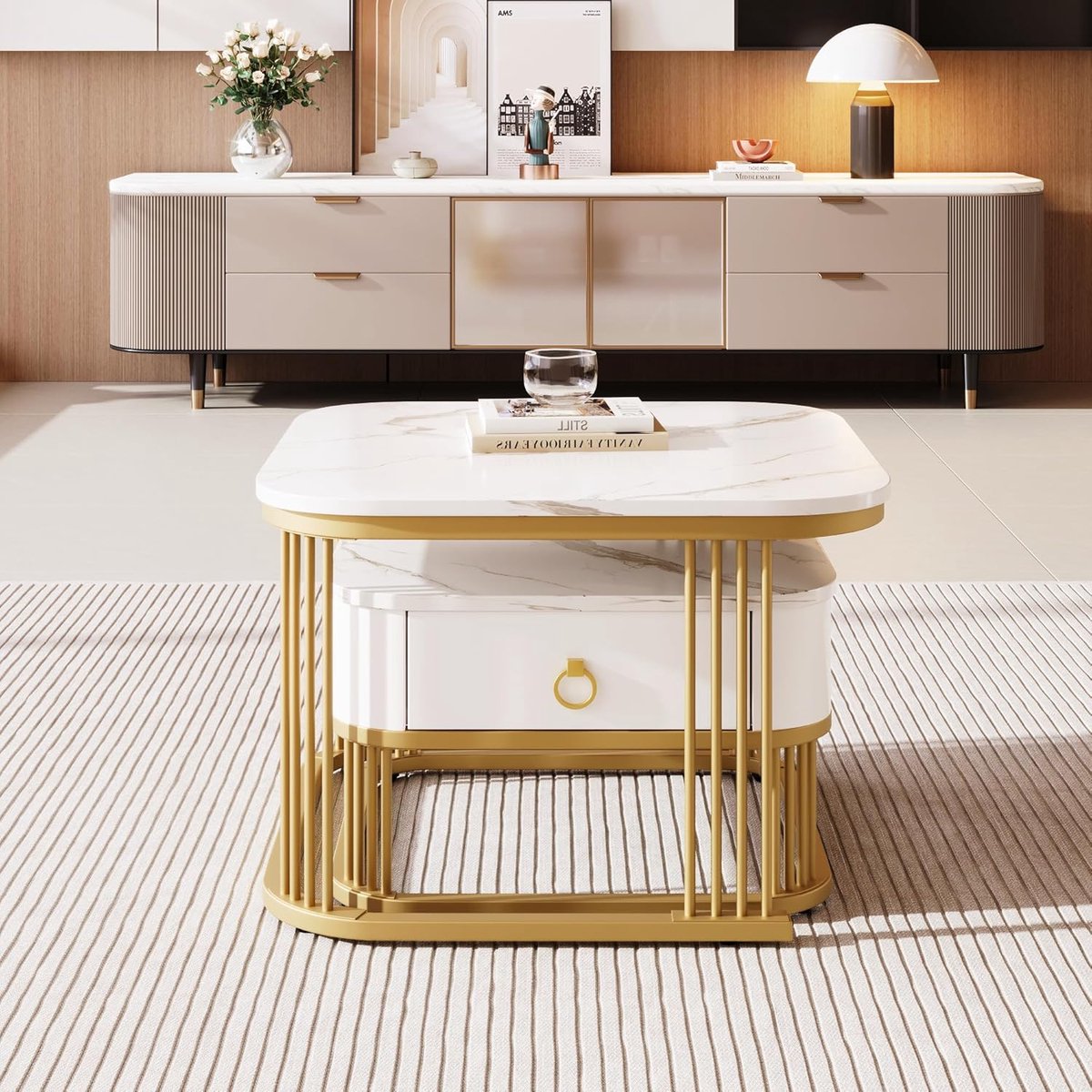 Salontafel Set van 2 Rond 70/50 x 35/45,5 cm – Moderne Nesttafels met Artistiek Tafelblad – Woonkamertafel & Bijzettafel – Luxe Design Coffee Tables voor Woonkamer, Balkon, Slaapkamer en Lounge – Mobili Bella