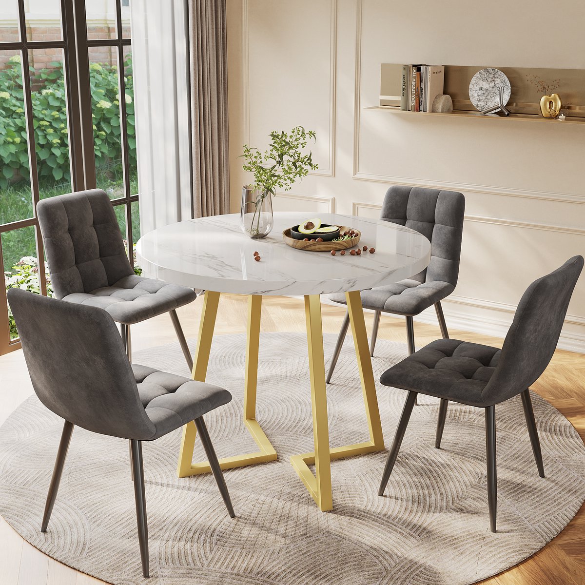 Eettafelset (5-Delig), Eettafelset Met 4 Stoelen, Moderne Keukentafelset, Ronde Keukentafel Met Een Diameter Van 80 Cm En Gouden Metalen Poten, Wit Mdf-Tafelblad, Donkergrijze Fluwelen Eetkamerstoelen
