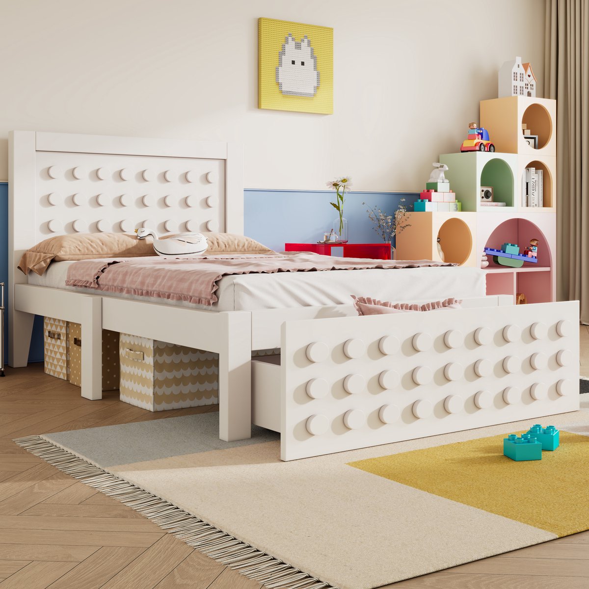 Kinderbed 90x200 cm - creatief blokdesign - met lade en opbergruimte onder bed - wit - zonder matras