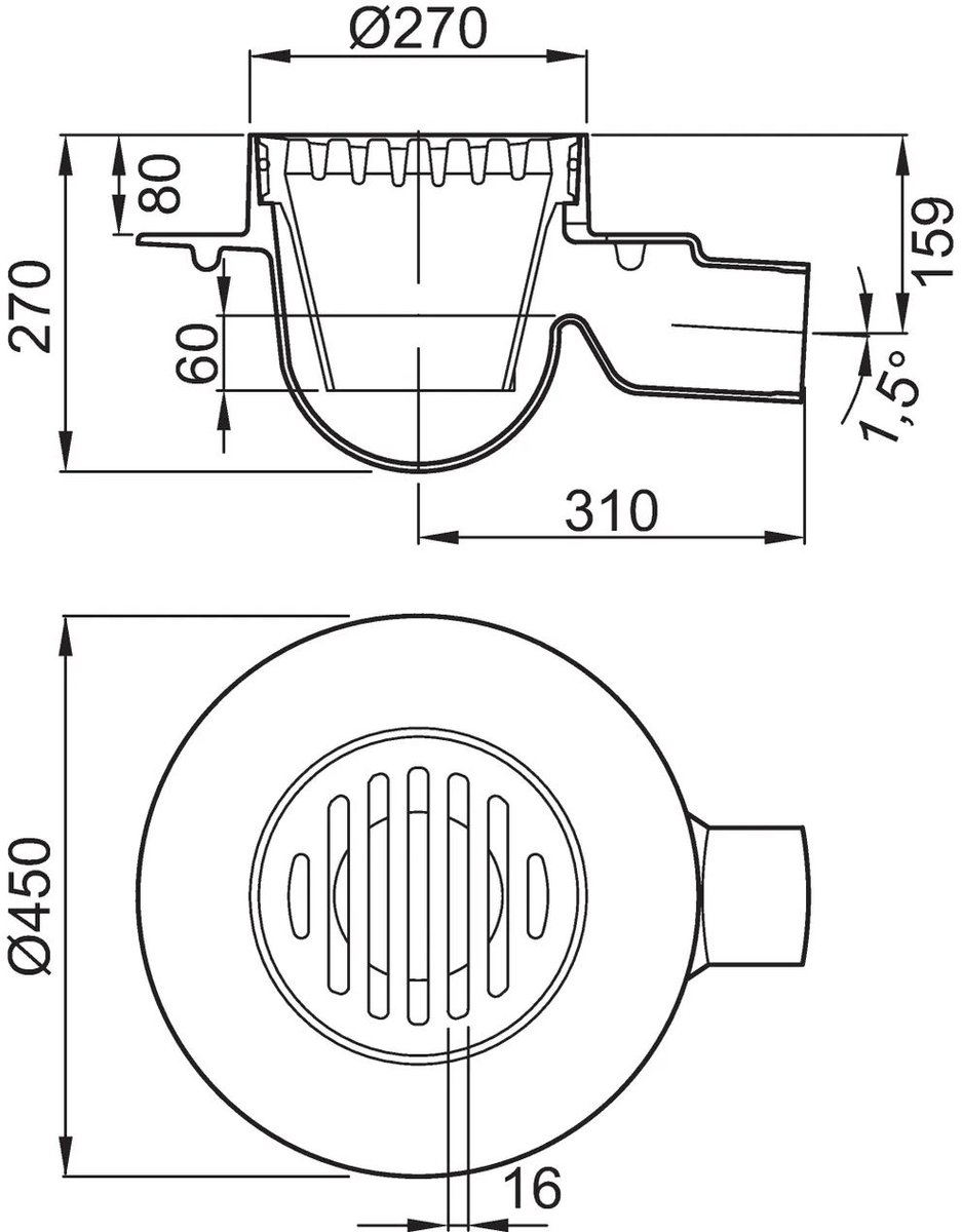 ACO Vloerafvoer Gietijzer DN100/1,5 Grad/M125/Afdichtring/Coating, 6190.05.00