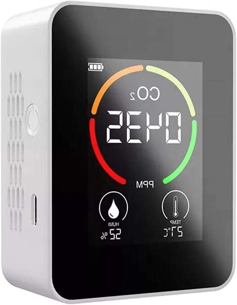 Luchtkwaliteitsmonitor - CO2 Meter - Binnenlucht Meten - 3 In 1 Sensor - 89x70x35 mm - Wit