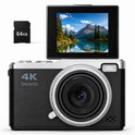 Setano 4K digitale camera met een berglandschap op het scherm, en een 64GB SD-kaart ernaast.