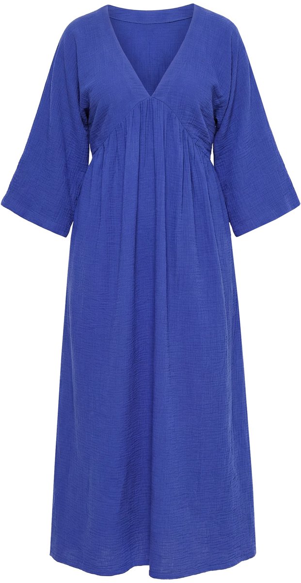 Ulla Popken - Dames - Maxi-jurk mousseline A-lijn V-hals 3/4-mouwen - Azuurblauw - Maat 50+