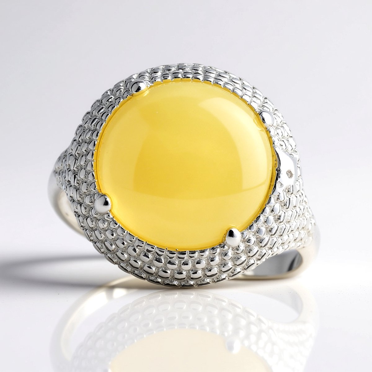 Cavill - Ring 925 Sterling Zilver Gerhodineerd - 1 9 ct Baltische Barnsteen Ronde Cabochon 12mm - Elegant - Maten 16-19