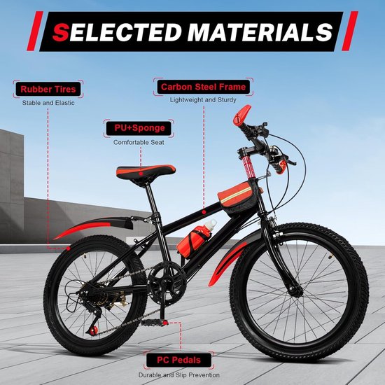 Kinderfiets Mountainbike - Jongensfiets Meisjesfiets - Veilige Fietstocht - Verende Voorvork Schijfrem - 20 inch - Rood Zwart van Merkloos — afbeelding 4
