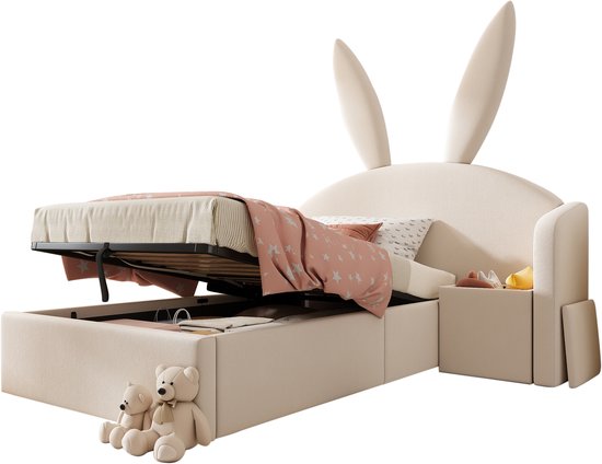 Beige kinderbed met konijnenoren, het bed is opengeklapt om de opbergruimte te tonen.