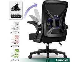 Hiaonyx Bureaustoel – Ergonomische bureaustoel met stille wielen – Bureaustoel voor volwassenen – Opklapbare armleuningen – Verstelbare lendensteun – Verdikt en verbreed zitkussen – Verhoogd ontwerp voor extra zithoogte - Zwart