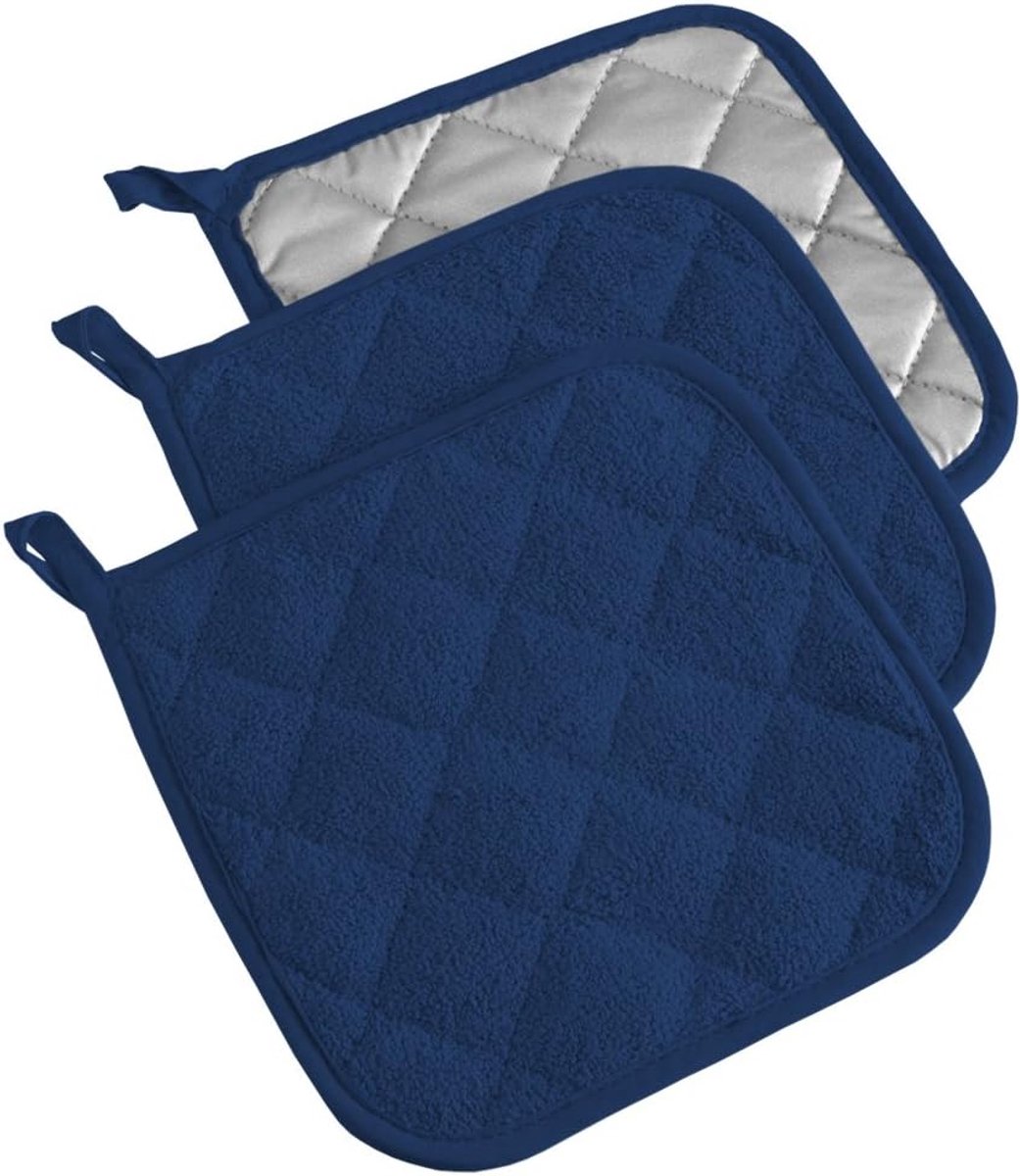 3-delige hittebestendige handdoekmat, zilverkleurige stof, hittebestendig en bestand tegen verbranding voor keukens, bak- en kookmatten, hittebestendige placemats - marineblauw