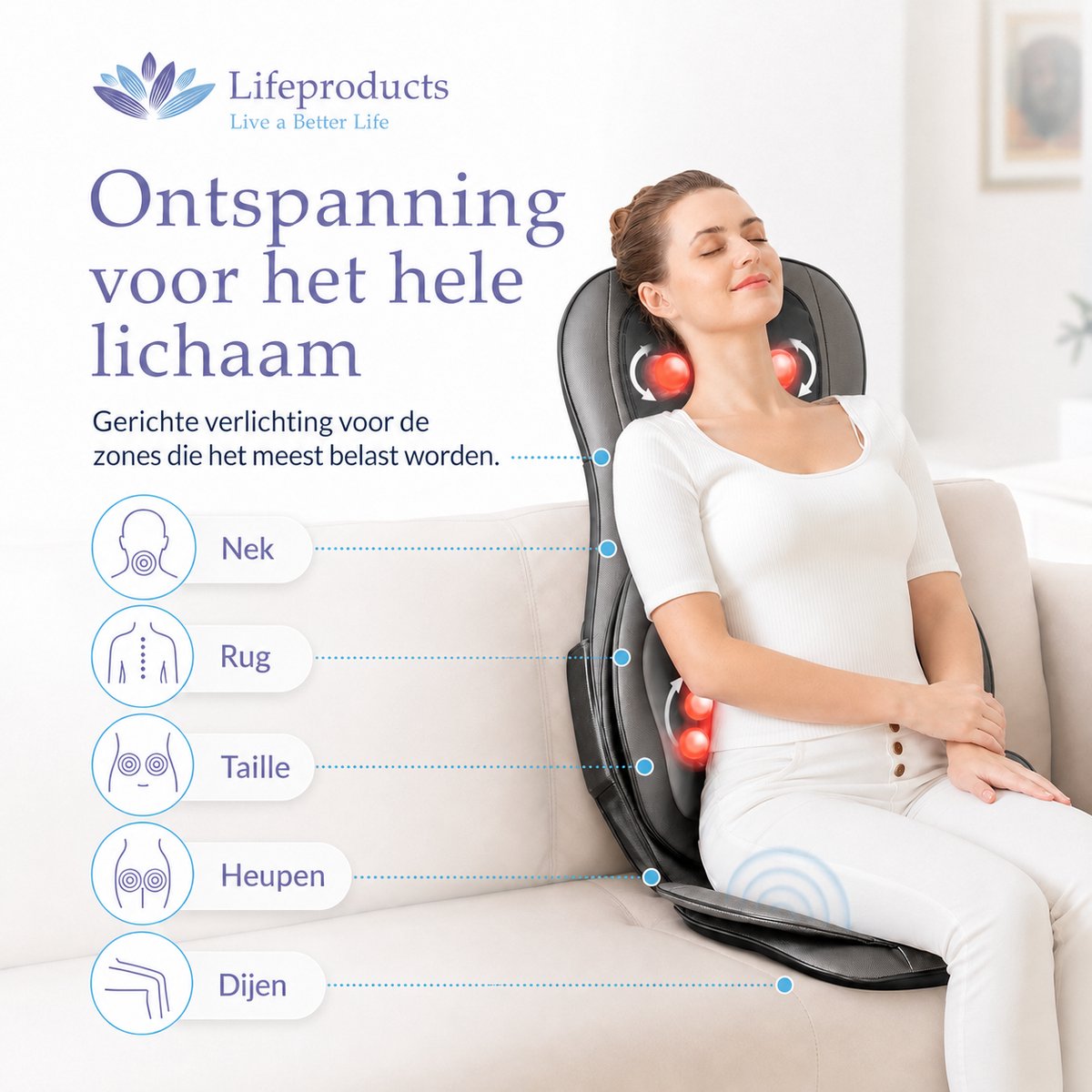 Lifeproducts Massagestoel - Rugmassage Apparaat - Shiatsu Rug Massagekussen - Massage Apparaat voor Nek en Rug - Massage Stoel met Infrarood Verwarming thumbnail 3
