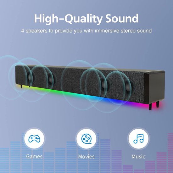 Soundbar met afstandsbediening - Kleine luidspreker - Muziek en film - Kleurveranderende lichten - 43.5 cm - Zwart — afbeelding 2