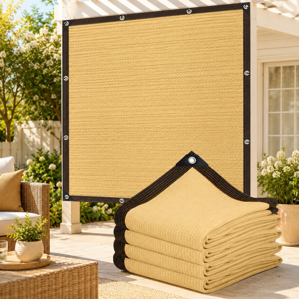 MUPOO Zichtdoek Schaduwnet 2x4m – 185 g/m² HDPE schaduwdoek – Ademend UV-bestendig zonnedoek met 10m Touw-zonnezeil voor Balkon Tuin