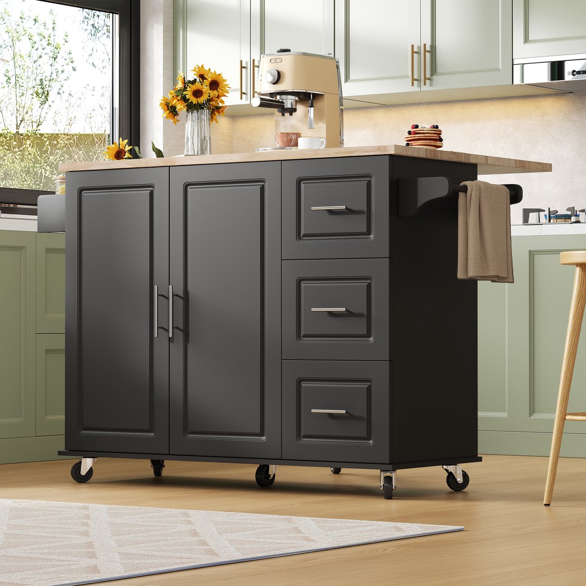 verplaatsbare keukentafel - L137xB76xH92 cm, eikenhouten werkblad, inklapbaar ontwerp, multifunctioneel kastje, 3 lades, handdoekrek, geschikt voor keuken, eetkamer en thuis - Zwart