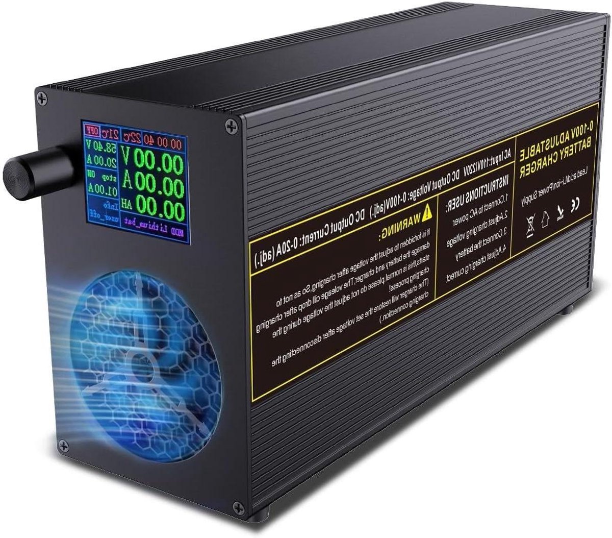 Instelbare Acculader - Universele Oplader - Accu Onderhoud - Intelligent Kleurendisplay - 0-100V 0-20A - Zwart