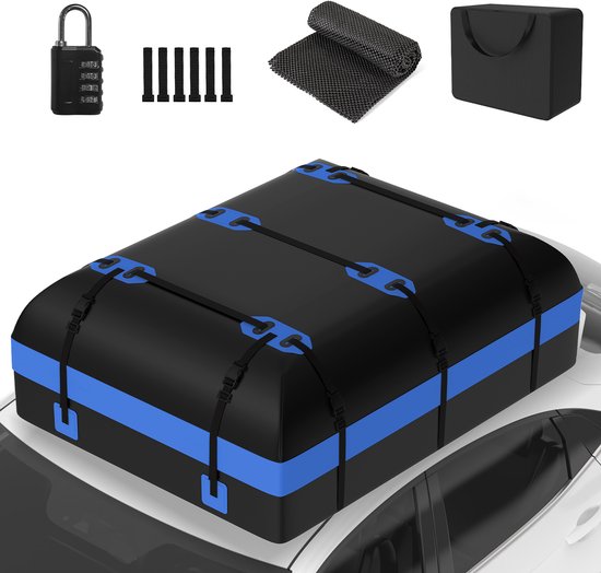Puluomis - 600L Dakkoffer - Waterdicht - 500D PVC materiaal - 8 riemen - 6 haken - Geschikt voor alle voertuigen met/zonder dakdrager - Inclusief antislipmat - Zwart-blauw