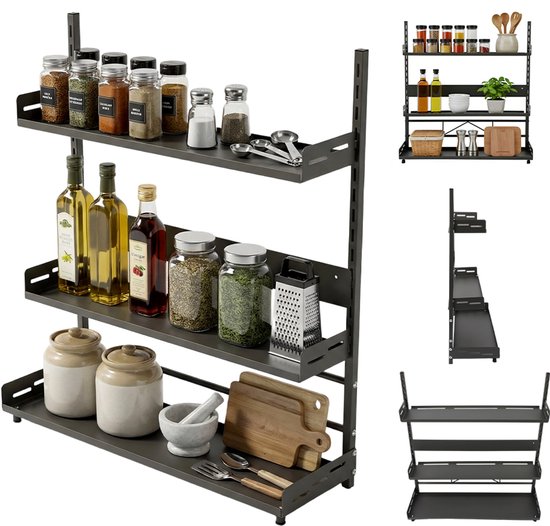 Drielaags Kruidenrek - Opbergrek - Kruiden Organizer - Grijs - 50×16×54cm - Verstelbaar & Stevig - Koolstofstaal Roestvrij - Gereedschapsloos te Monteren - Voor Keuken, Badkamer & Kantoor