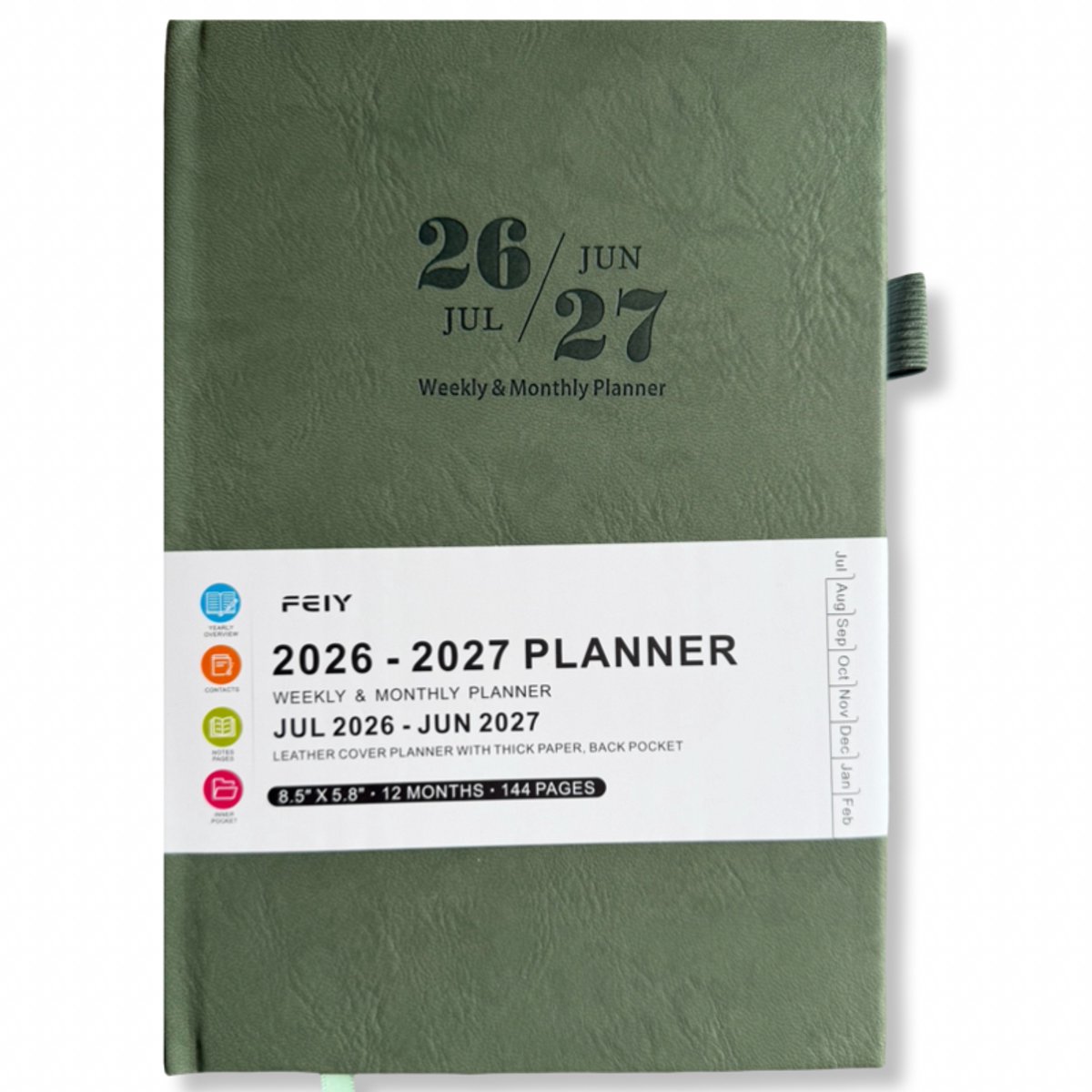 Feiy Green Agenda - 2026-2027 - A5 formaat Schoolagenda - 1 week op 2 pagina's - Harde kaft - Met Elastiek