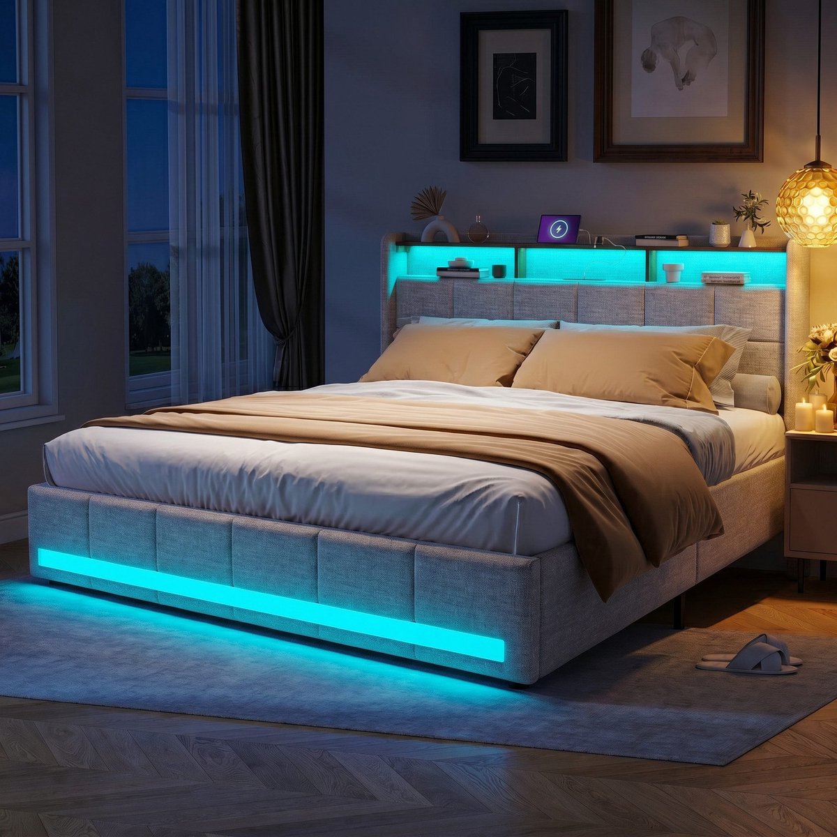 SHOPENTRA Opbergbed 140x200 cm beige linnen met 4 lades, LED-verlichting en USB/Type-C, gestoffeerd tweepersoonsbed