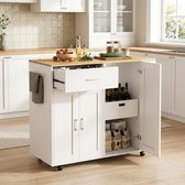 Verrijdbaar Keukeneiland, Klein Keukenkastje, Keukentrolley op Wielen, Dressoir Lades Voor Eetkamer, 3 Kruidenplanken, Opbergruimte Voor Veelgebruikte Spullen met Gemakkelijke Toegang (Wit)