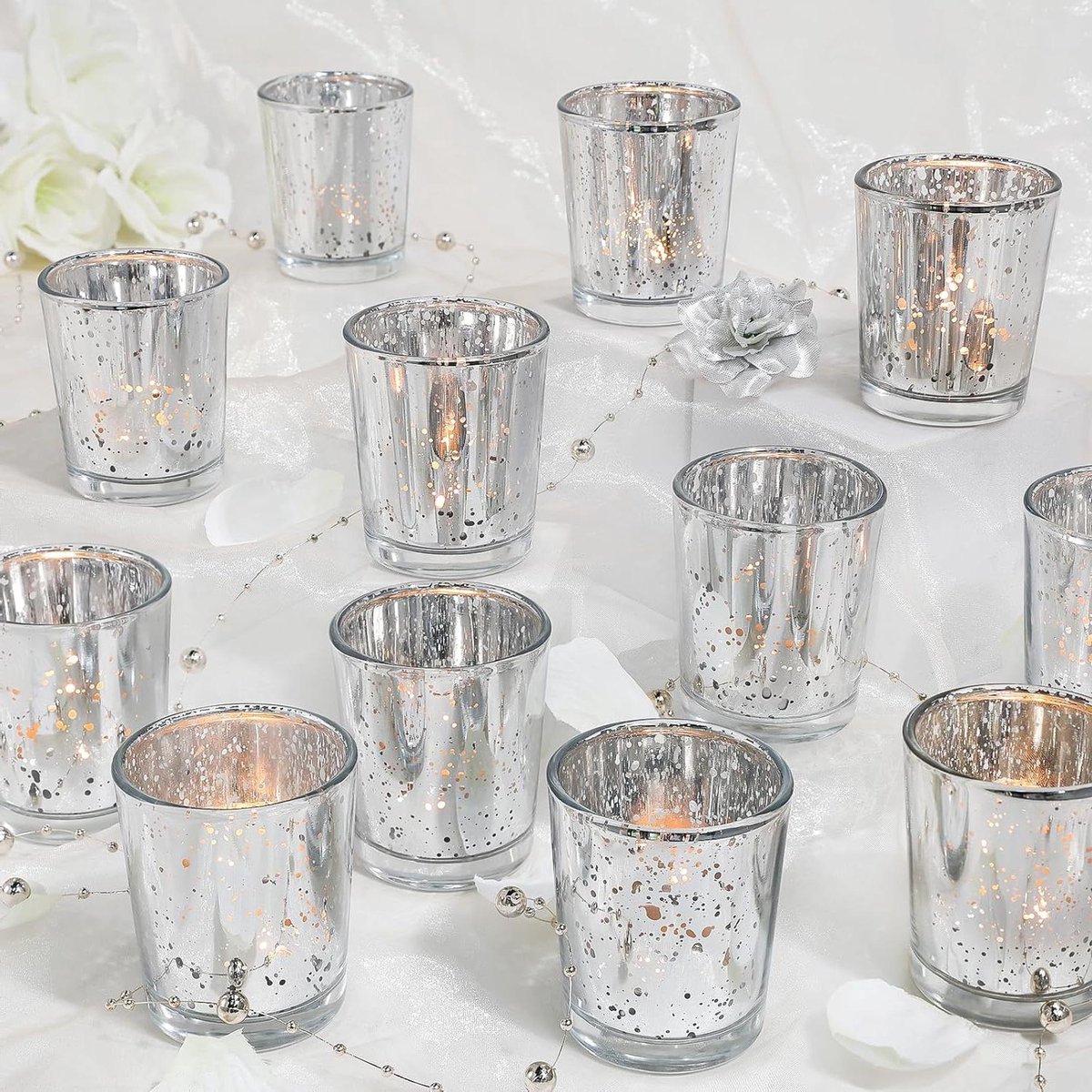 Kaarsenhouders Set - Theelichthouders Glas - Sfeer Creëren - Gespikkeld Kwikglas - 24 Stuks - Zilver
