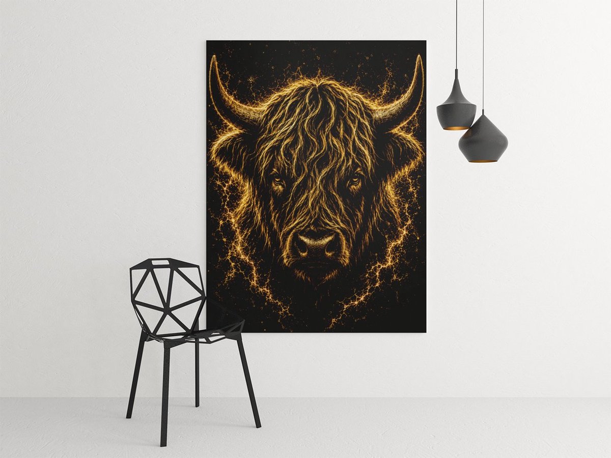 Trendex Global Canvas schilderij 100x75 cm - Gouden Schotse Hooglander - Luxe Wanddecoratie - Zwart - Goud - Dieren