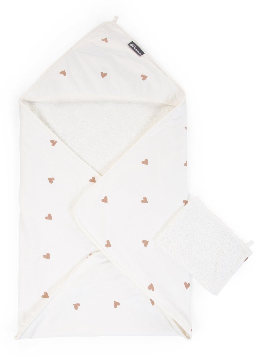 Childhome Hearts Collection - Badcape + Washandje - 80x80 Cm - Jersey - Wit