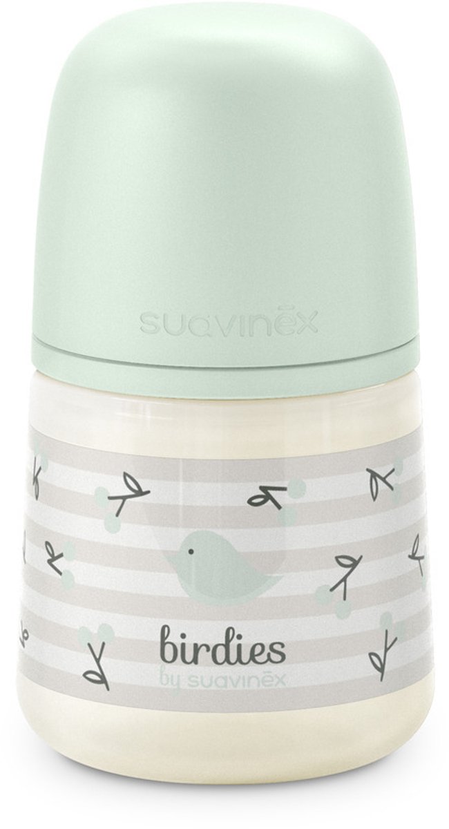 Suavinex Birdies Babystartset - 4 Siliconen Zuigflessen (2 x 150 ml en 2 x 270 ml) - Extra SX Pro Speen 0-6 Maanden - Platte Symmetrische Speen - BPA-vrij - Groen