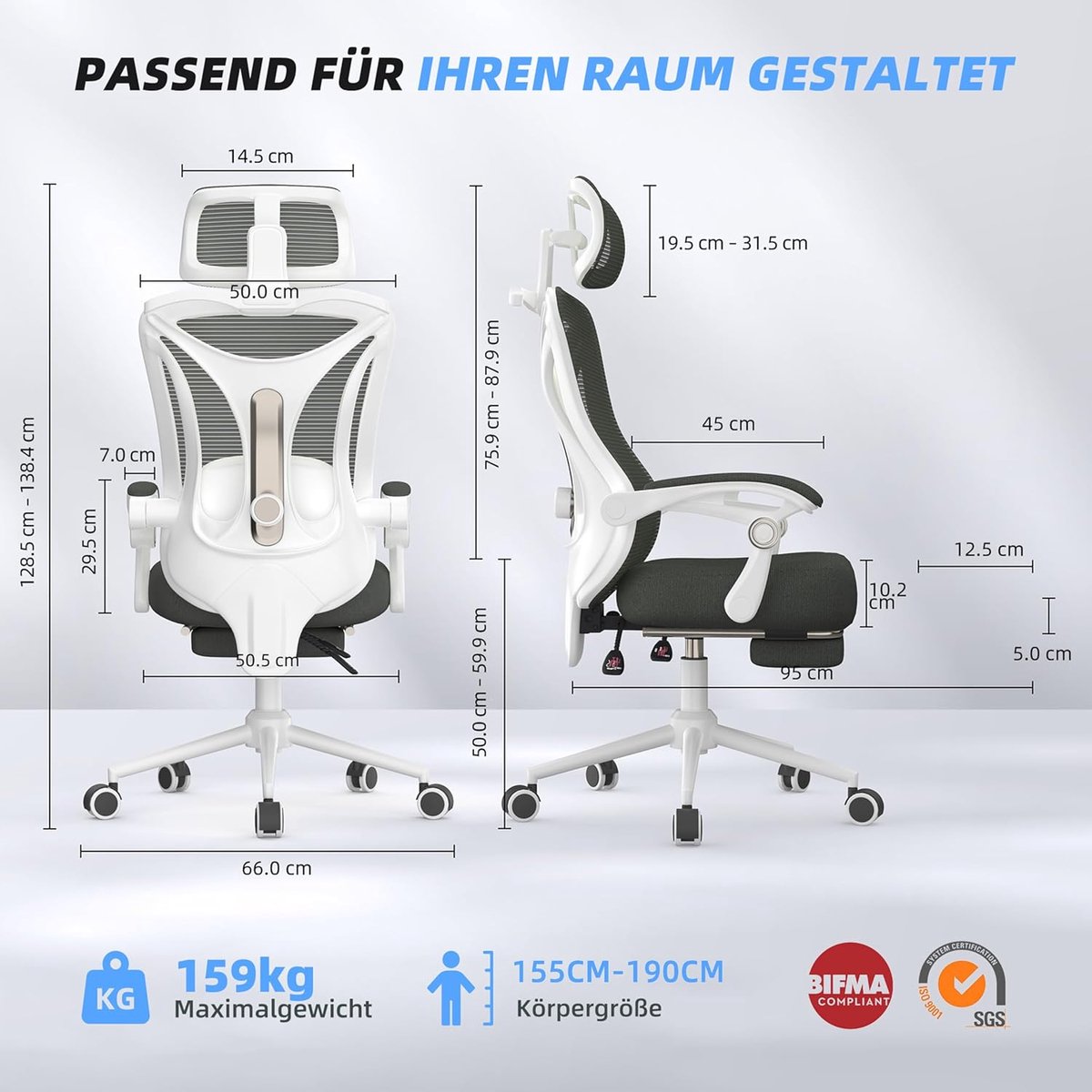 Ergonomische bureaustoel met voetensteun – Gaming stoel & kantoorstoel 150 kg belastbaar – 90–160° verstelbare rugleuning – verstelbare lendensteun & hoofdsteun – mesh draaistoel – House&Garden Executive Recline Pro