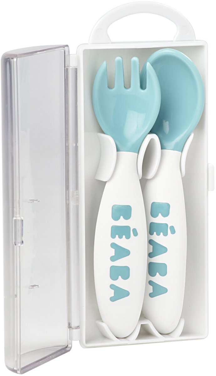 Béaba Ergonomisch Bestek - Peuterlepel & Vork - Blauw - Inclusief Opbergdoos