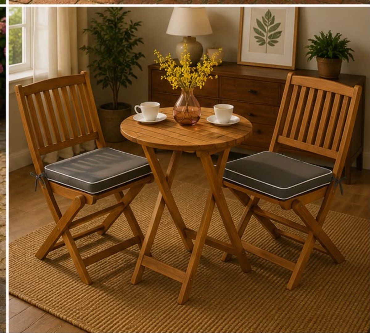 Bistroset 3-delig Acaciahout 60 x 74 cm – Inklapbare Balkonset met Bistrotafel en 2 Tuinstoelen, Houten Tuinset voor Balkon, Terras, Tuin en Patio – Mobili Bella
