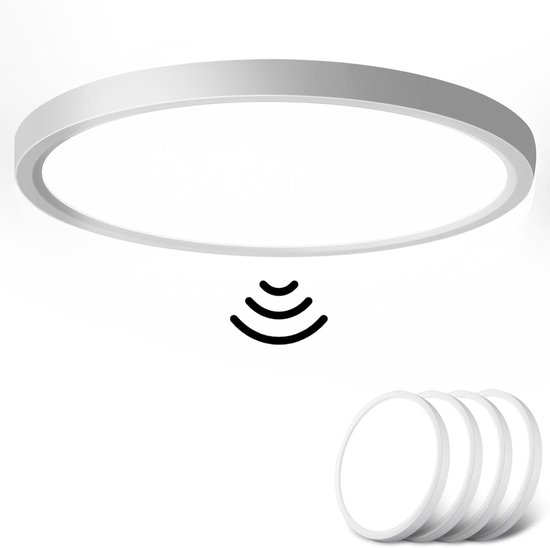Ronde witte plafondlamp met sensor-icoon. Vier lampen zijn zichtbaar, één in gebruik en drie opgestapeld.