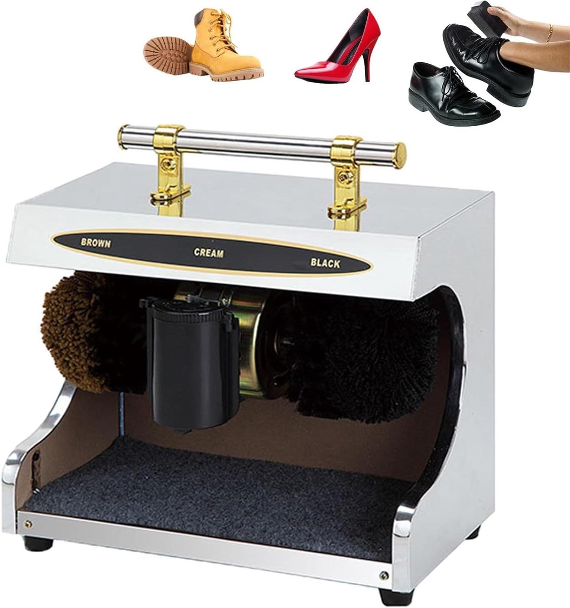 Automatische Schoenpoetsmachine, Elektrische Poetsmachine Met Handvat, Voor Huishoudelijk En Commercieel Gebruik, 1400 Tpm Voor Efficiënte Leerverzorging, Zilverkleurig.