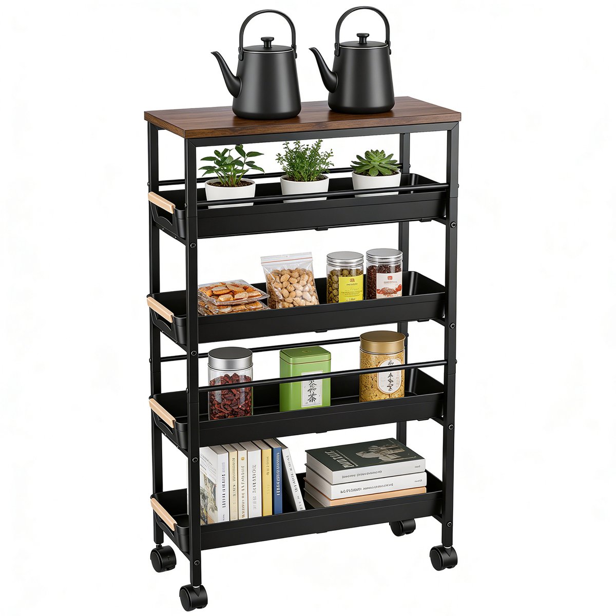 Lemlit Keukentrolley 4-Laags 36,5 x 20,5 x 81,5 cm - Rolwagen van Koolstofstaal met Houten Bovenblad en Wielen - Opbergwagen voor Keuken Slaapkamer Kantoor en Eetkamer - Zwart