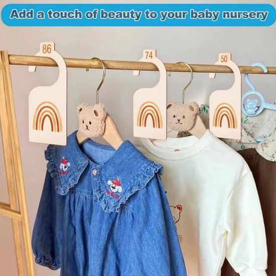 ECTEATOY® Kastverdelers Baby Kleding - 9 Stuks Maatverdelers Maat 50 t/m 98 - Houten Kledingkast Organiser met Regenboog - Maathangers - Kraamcadeau — afbeelding 4