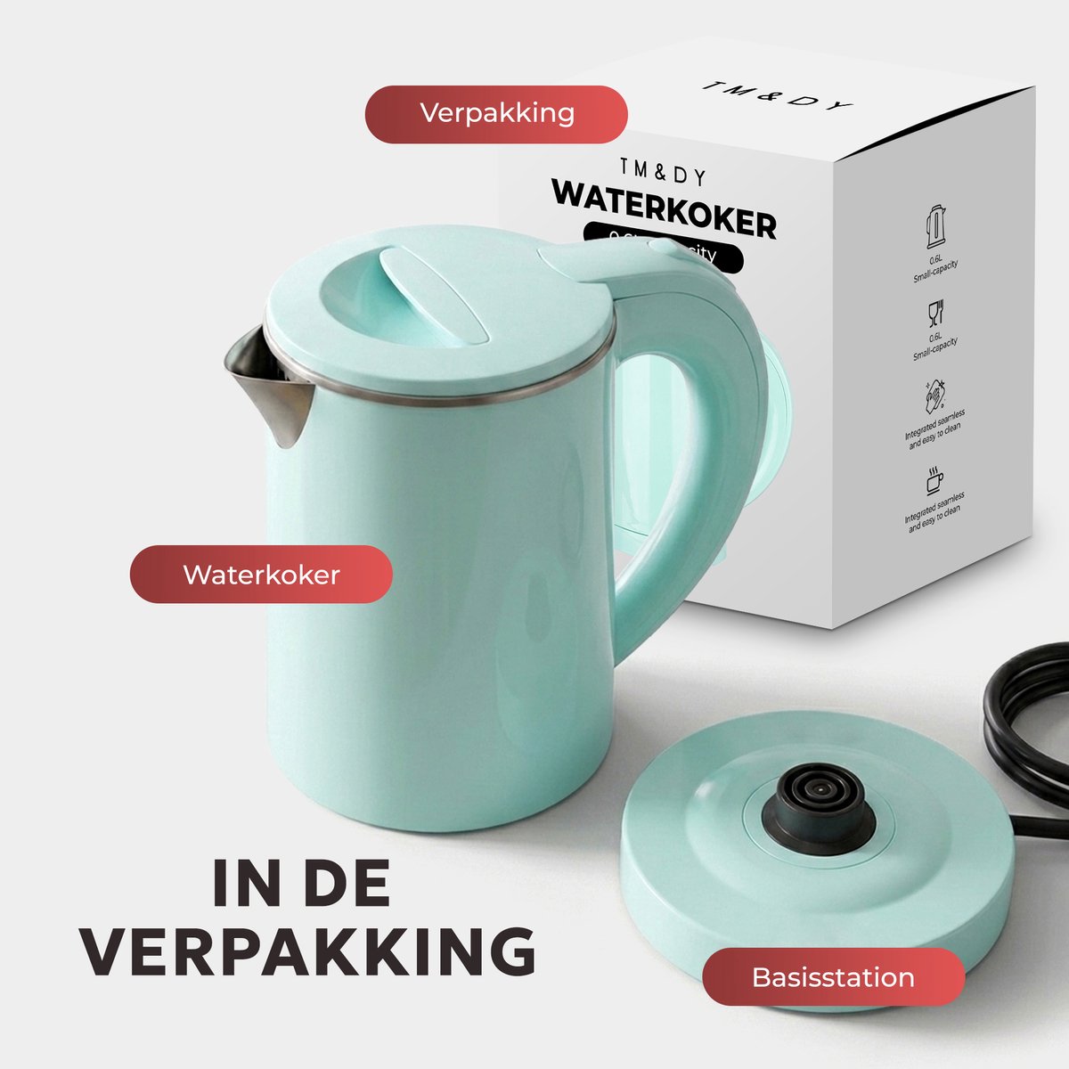 TM&DY Waterkoker - 0,6 Liter – 600W – Reis Waterkoker - Dubbelwandige Isolatie – RVS Binnenwerk – Camping Waterkoker - Automatische Uitschakeling – Mintgroen thumbnail 5