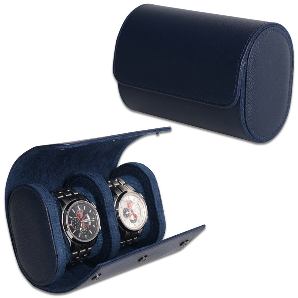 carmdering - Horlogerol - PU Lederen Horloge opbergbox - Reisetui voor Horloges - Blauw, 2 horlogekussens, zacht fluweel - Geschikt voor horloges tot 50 mm - Platte bodem, draagbaar - Cadeau voor mannen en vaders - Voor reizen en thuis