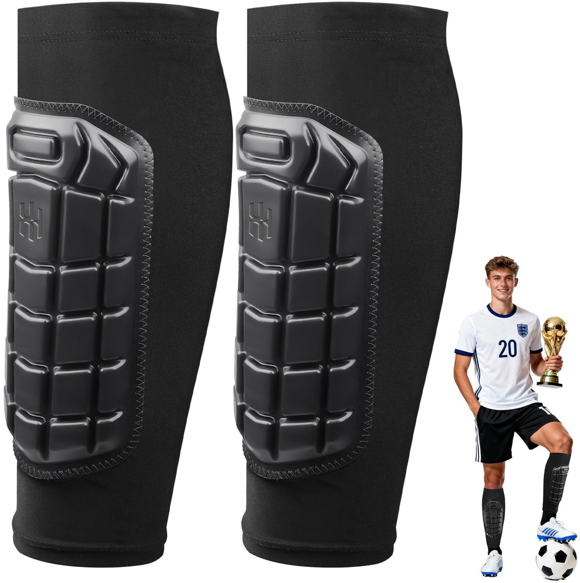 carmdering - Scheenbeschermers - Voetbal Scheenbeschermers - Sport Beschermers - Maat L, 88% nylon, 12% elastaan, PU schokabsorberend - Honingraat design, lichtgewicht, ademend - Met silicone antislip strip - Voor voetbal, skiën, hardlopen - Zwart