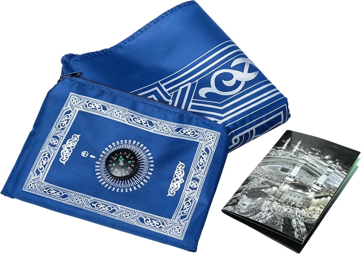 carmdering - Islamitisch Gebedskleed - Reisgebedskleed - Qibla Kleed - Blauw, 100×60 cm, 85 g, polyester, waterdicht nylon - Vouwbaar, draagbaar - Met kompas op tas - Voor thuis en reis - Cadeau voor moslims